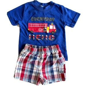 Baby Boy 12M Vintage 2 Piece Shorts Set T-shirt Swiggles Garanimals Fire Truck